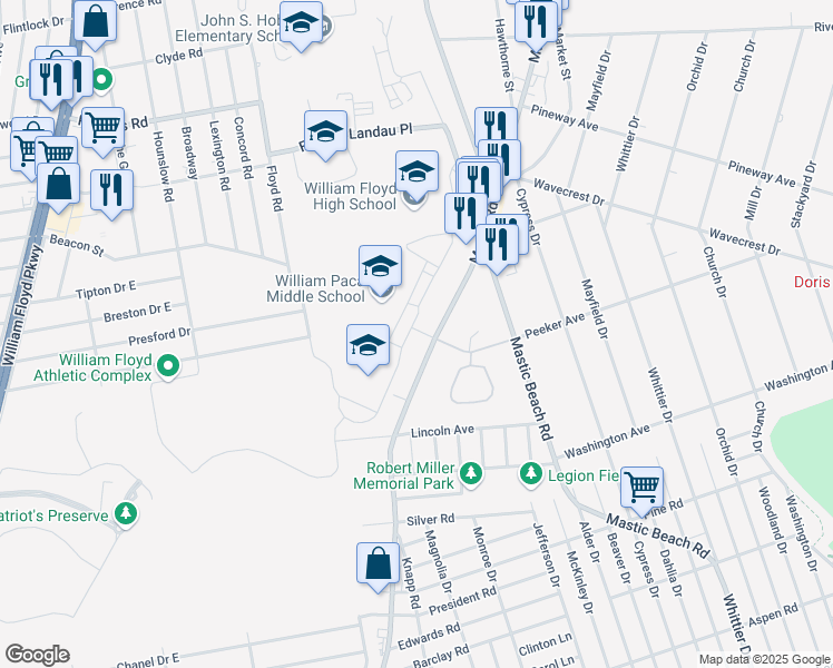 map of restaurants, bars, coffee shops, grocery stores, and more near 338 Blanco Drive in Mastic Beach