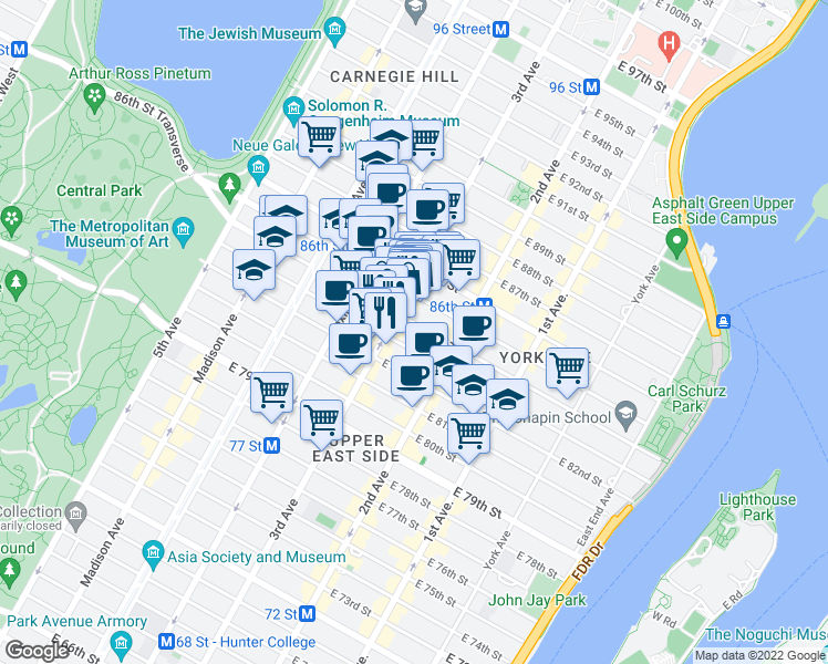 map of restaurants, bars, coffee shops, grocery stores, and more near 1517 3rd Avenue in New York