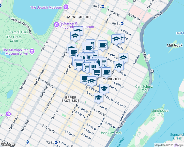 map of restaurants, bars, coffee shops, grocery stores, and more near 1625 2nd Avenue in New York