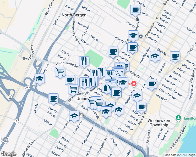 map of restaurants, bars, coffee shops, grocery stores, and more near 613 39th Street in Union City