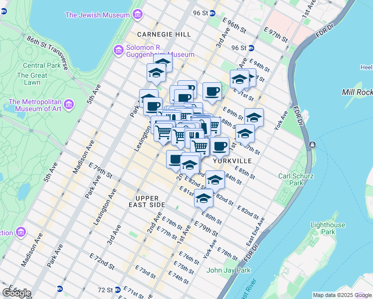 map of restaurants, bars, coffee shops, grocery stores, and more near 245 East 84th Street in New York