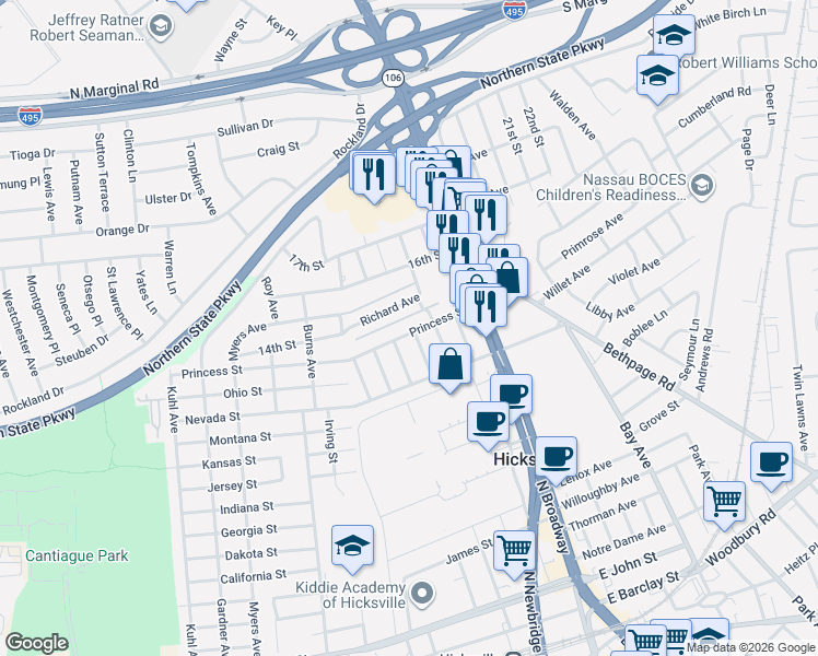 map of restaurants, bars, coffee shops, grocery stores, and more near 70 Princess Street in Hicksville