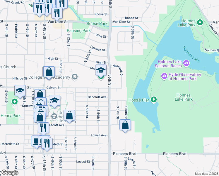 map of restaurants, bars, coffee shops, grocery stores, and more near S 56th St & Calvert St in Lincoln