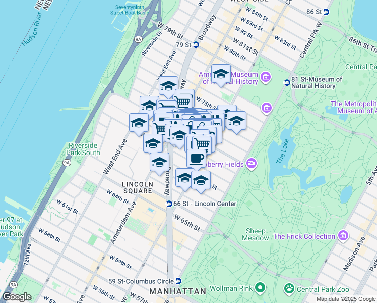 map of restaurants, bars, coffee shops, grocery stores, and more near 130 West 71st Street in New York