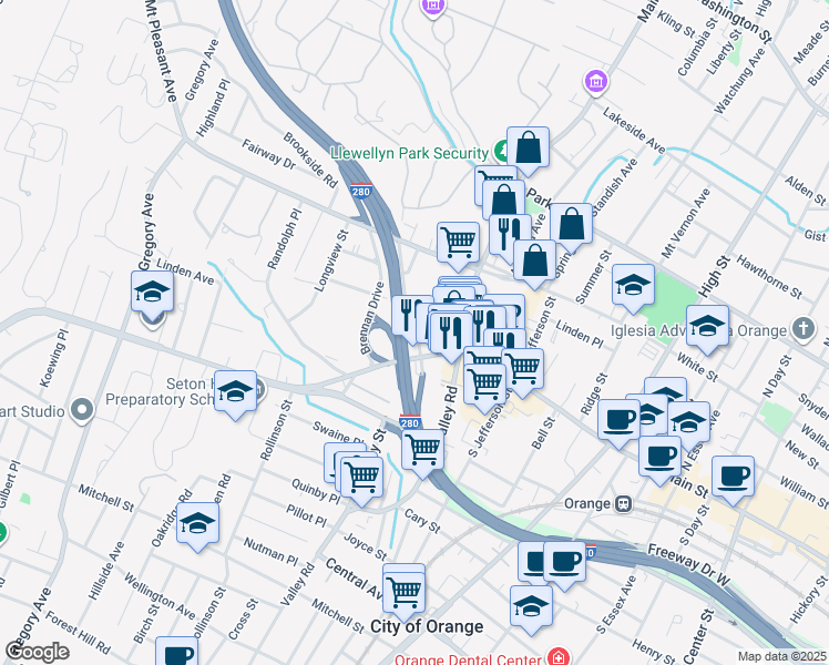 map of restaurants, bars, coffee shops, grocery stores, and more near 26A Lindsley Avenue in West Orange