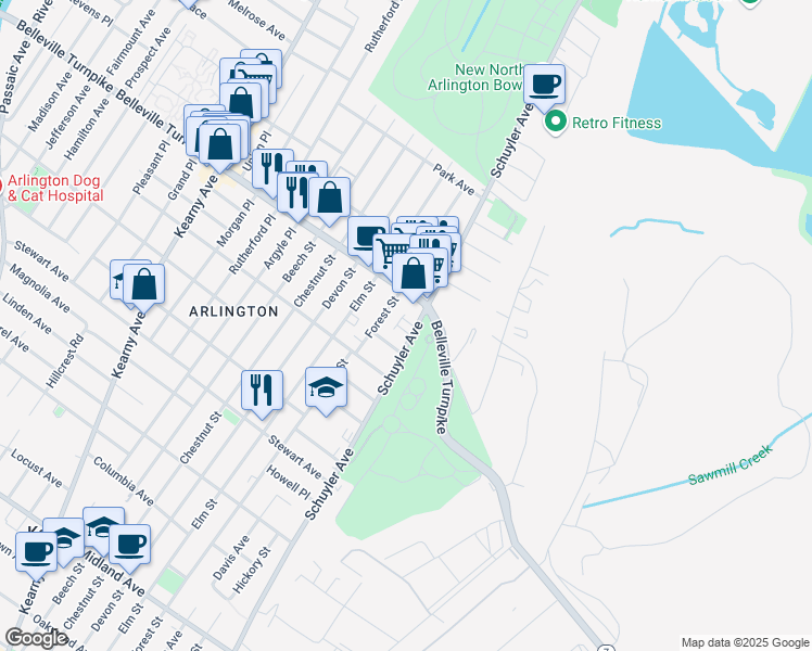 map of restaurants, bars, coffee shops, grocery stores, and more near 883 Schuyler Avenue in Kearny