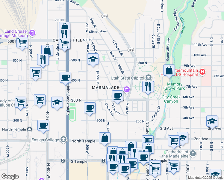 map of restaurants, bars, coffee shops, grocery stores, and more near in Salt Lake City