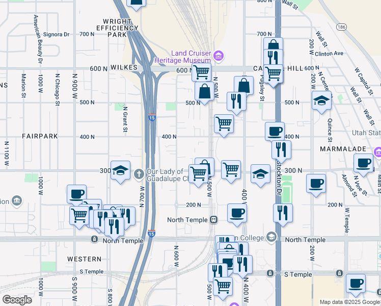 map of restaurants, bars, coffee shops, grocery stores, and more near 569 400 North in Salt Lake City