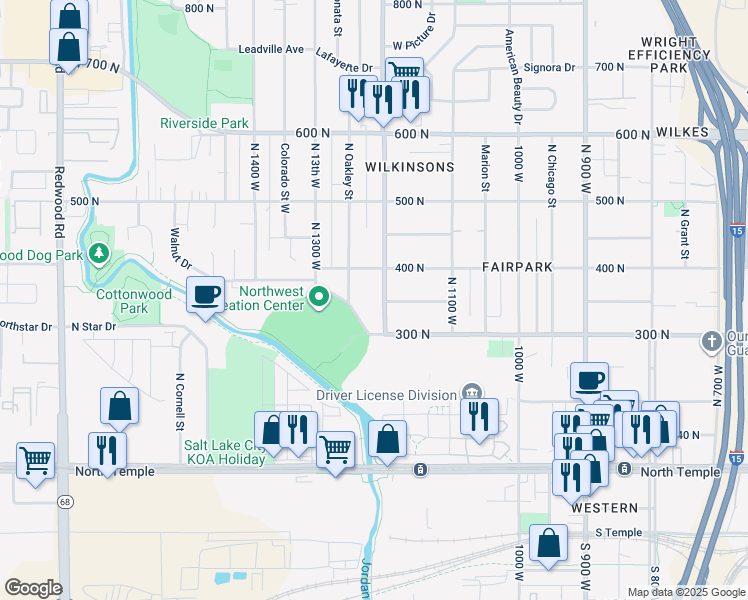 map of restaurants, bars, coffee shops, grocery stores, and more near 361 North 1200 West in Salt Lake City