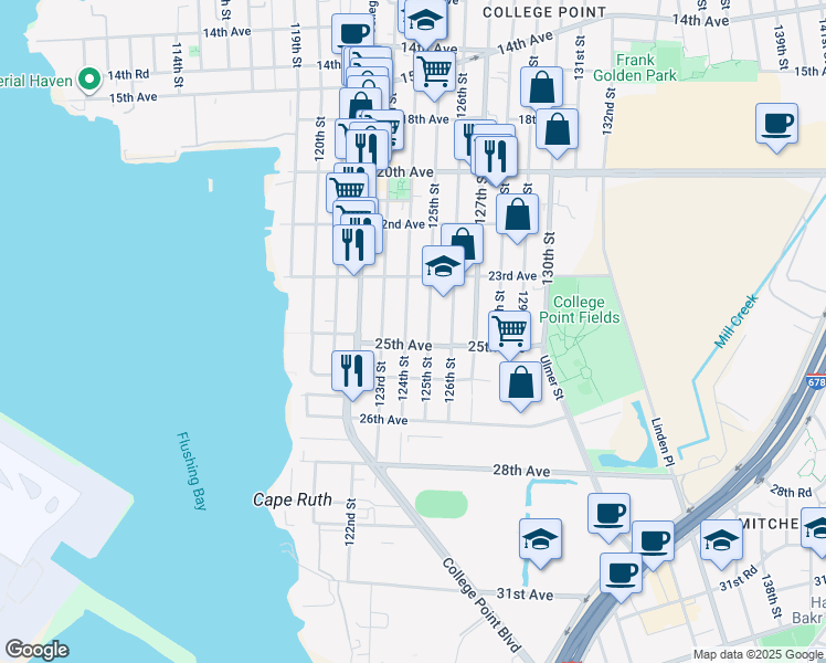 map of restaurants, bars, coffee shops, grocery stores, and more near 23-37 125th Street in Queens