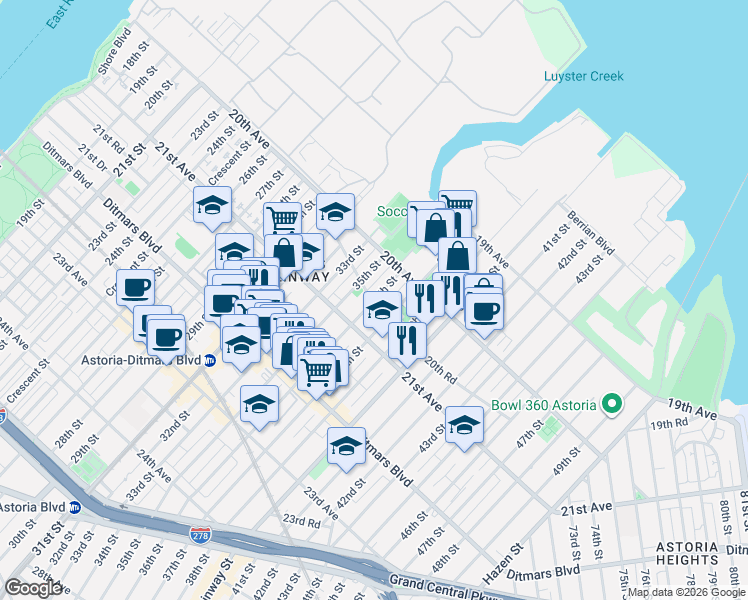map of restaurants, bars, coffee shops, grocery stores, and more near 20-28 36th Street in Queens