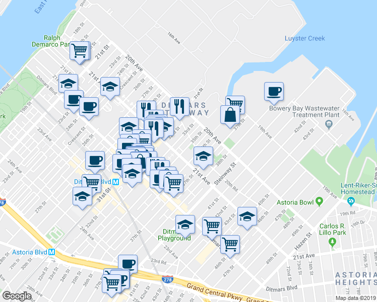 map of restaurants, bars, coffee shops, grocery stores, and more near 2063 33rd Street in Queens