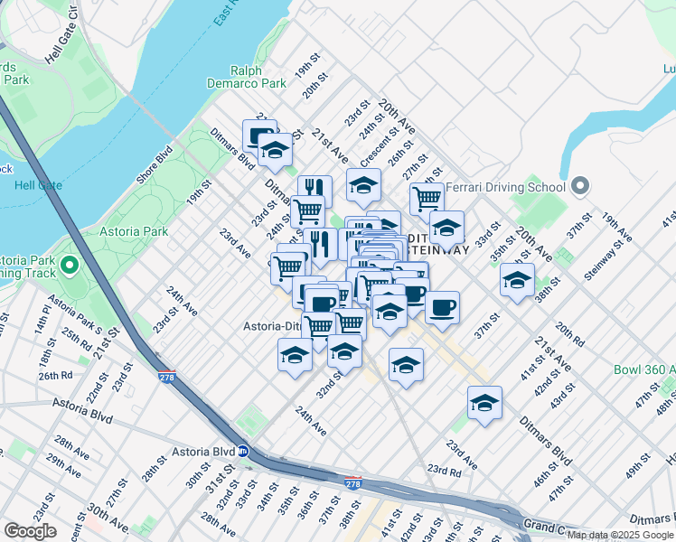 map of restaurants, bars, coffee shops, grocery stores, and more near 22- 1 27th Street in Queens