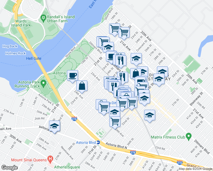 map of restaurants, bars, coffee shops, grocery stores, and more near in Queens