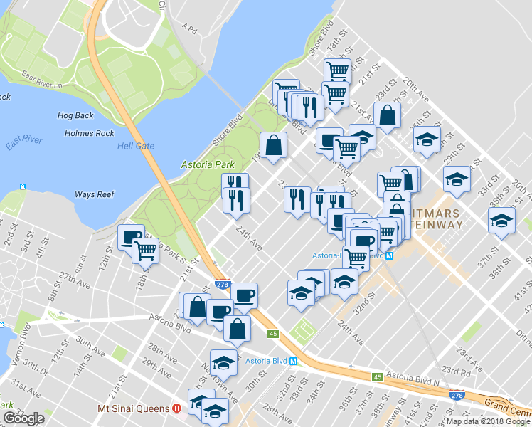 map of restaurants, bars, coffee shops, grocery stores, and more near 23-45 21st Street in Queens