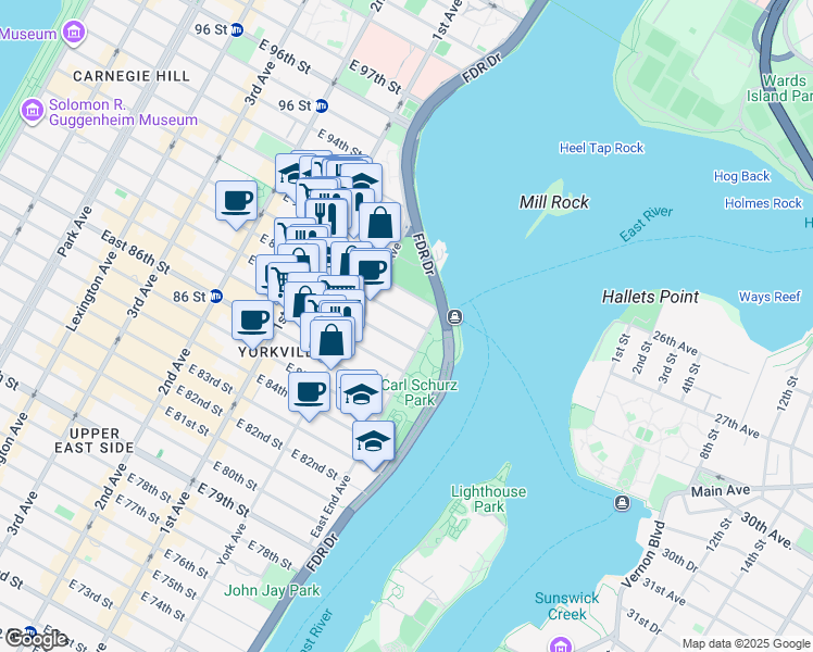 map of restaurants, bars, coffee shops, grocery stores, and more near 525 East 89th Street in New York