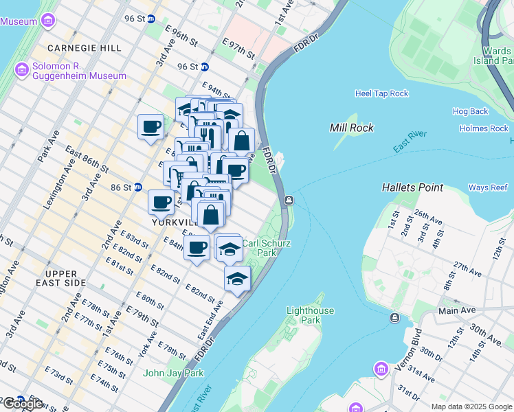 map of restaurants, bars, coffee shops, grocery stores, and more near 525 East 89th Street in New York