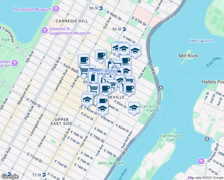 map of restaurants, bars, coffee shops, grocery stores, and more near 1661 1st Avenue in New York