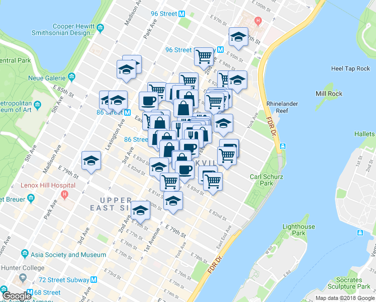map of restaurants, bars, coffee shops, grocery stores, and more near 1661 1st Avenue in New York