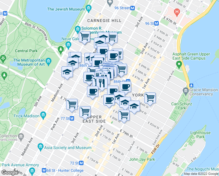 map of restaurants, bars, coffee shops, grocery stores, and more near 207 East 84th Street in New York