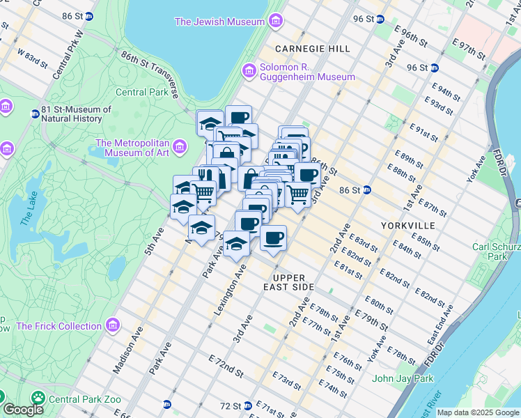 map of restaurants, bars, coffee shops, grocery stores, and more near 941 Park Avenue in New York
