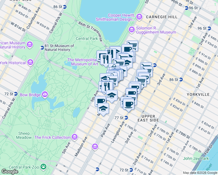 map of restaurants, bars, coffee shops, grocery stores, and more near 6 East 80th Street in New York