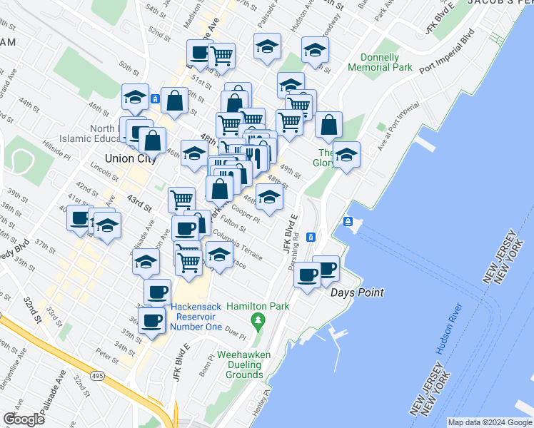 map of restaurants, bars, coffee shops, grocery stores, and more near 56 46th Street in Weehawken