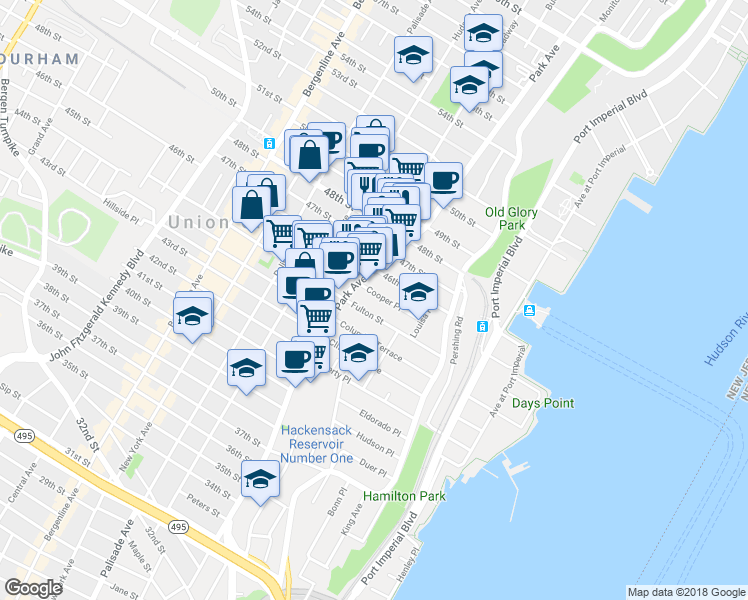 map of restaurants, bars, coffee shops, grocery stores, and more near 51 Cooper Place in Weehawken