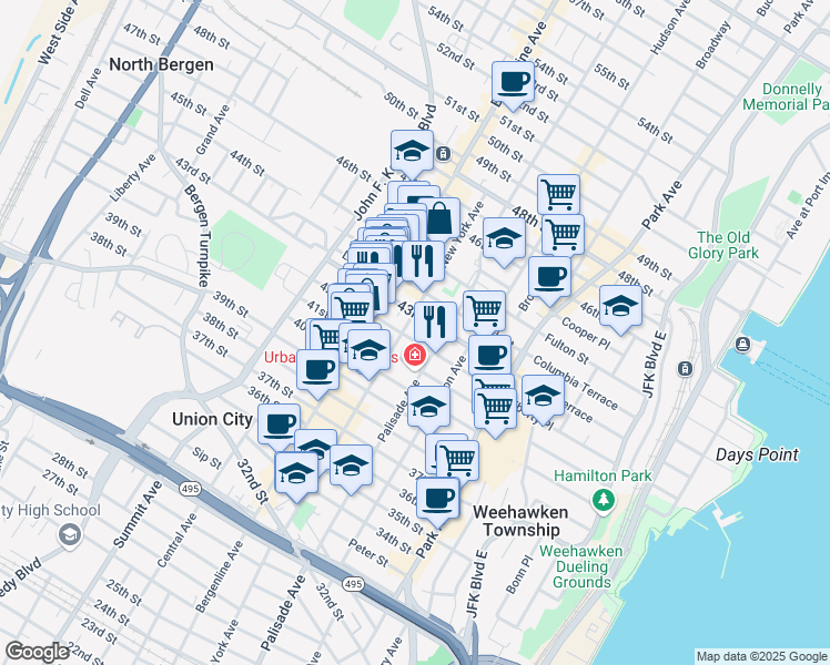 map of restaurants, bars, coffee shops, grocery stores, and more near 4212 New York Avenue in Union City
