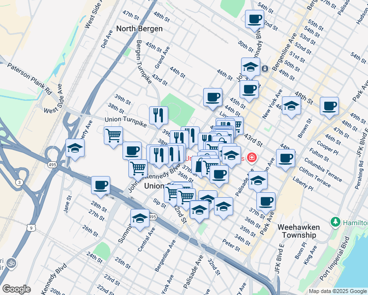 map of restaurants, bars, coffee shops, grocery stores, and more near 613 39th Street in Union City