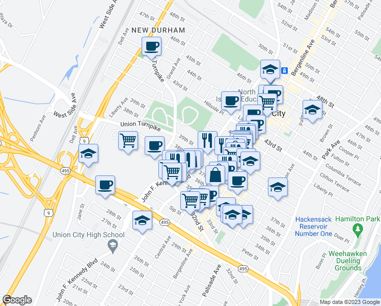 map of restaurants, bars, coffee shops, grocery stores, and more near 613 39th Street in Union City