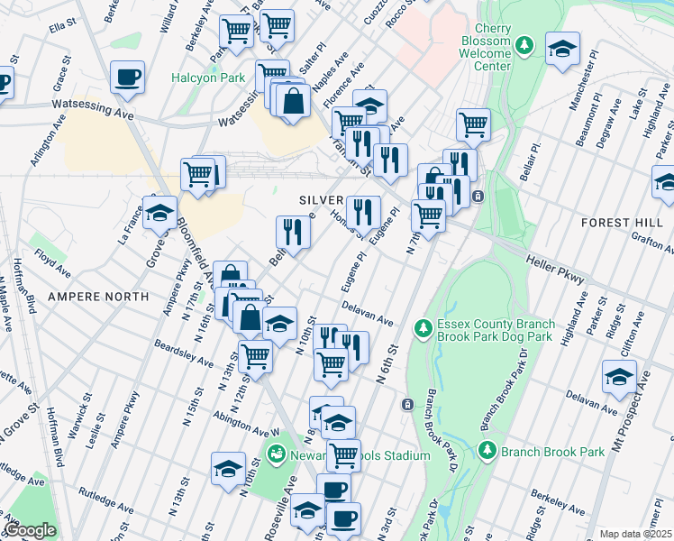 map of restaurants, bars, coffee shops, grocery stores, and more near 12 Lake Street in Belleville