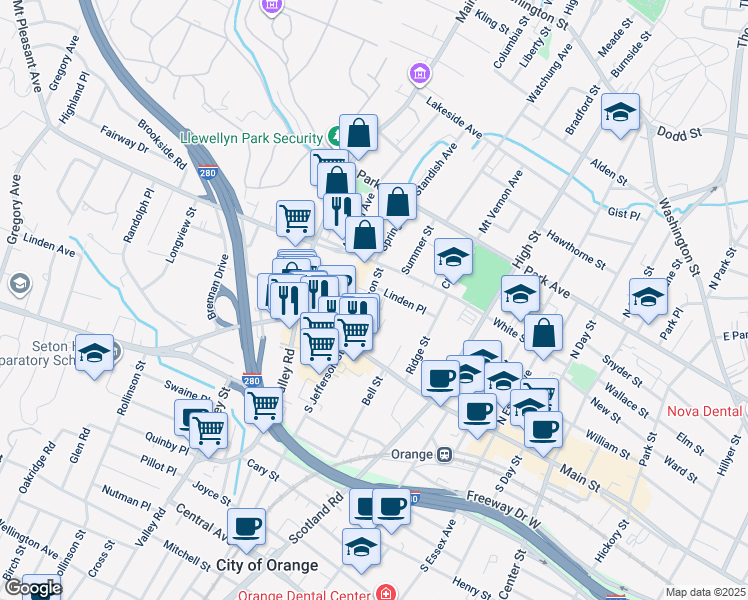 map of restaurants, bars, coffee shops, grocery stores, and more near 493 Linden Pl in Orange