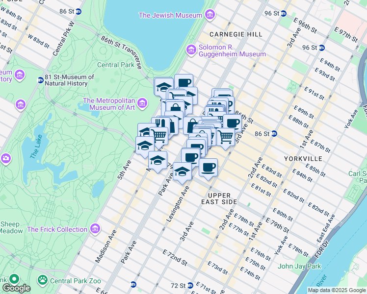 map of restaurants, bars, coffee shops, grocery stores, and more near Park Ave & E 81st St in New York