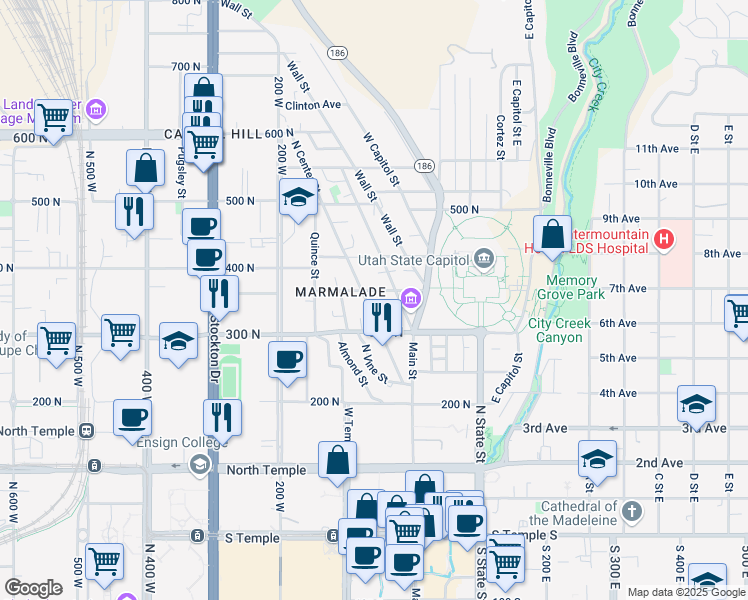 map of restaurants, bars, coffee shops, grocery stores, and more near 71 West Apricot Avenue in Salt Lake City