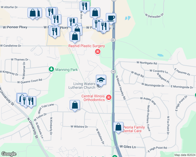 map of restaurants, bars, coffee shops, grocery stores, and more near 7421 North Brittany Park Place in Peoria