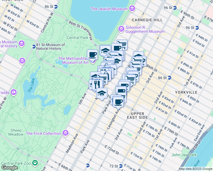 map of restaurants, bars, coffee shops, grocery stores, and more near 45 E 80th St in New York