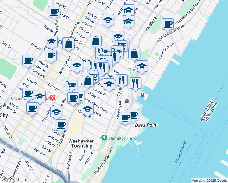 map of restaurants, bars, coffee shops, grocery stores, and more near 16 47th Street in Weehawken