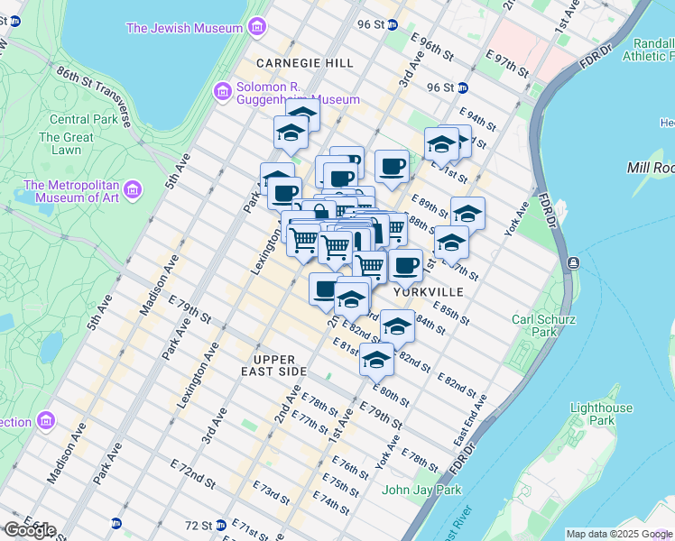 map of restaurants, bars, coffee shops, grocery stores, and more near 229 East 85th Street in New York