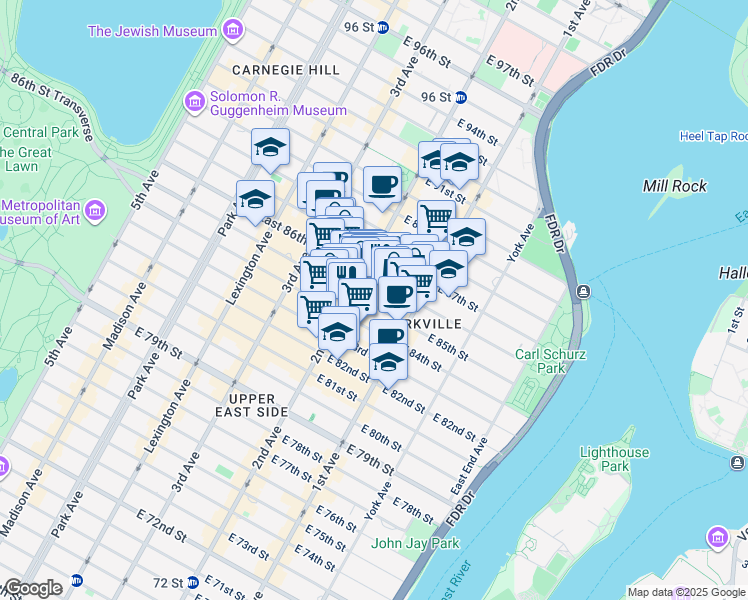 map of restaurants, bars, coffee shops, grocery stores, and more near 315 East 85th Street in New York