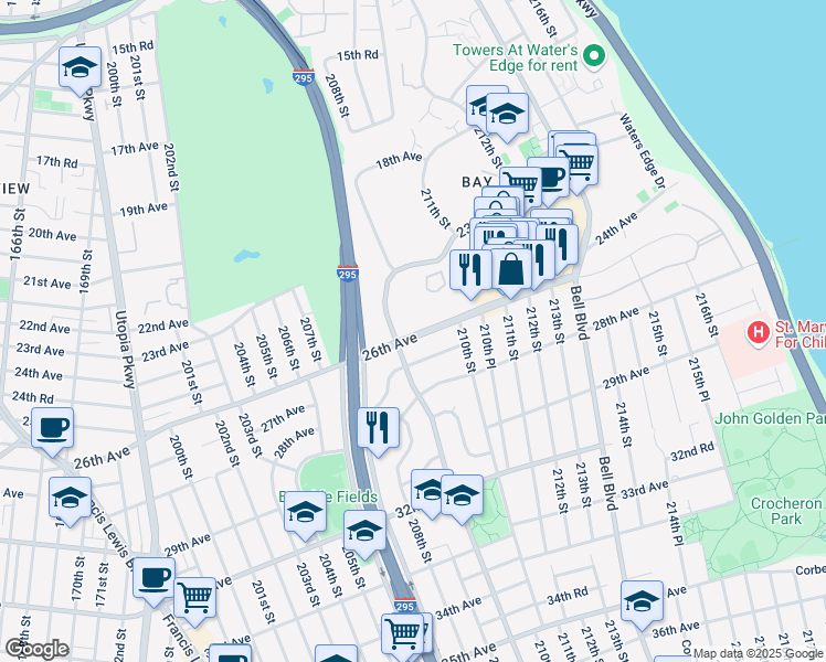 map of restaurants, bars, coffee shops, grocery stores, and more near 209-21 26th Avenue in Queens