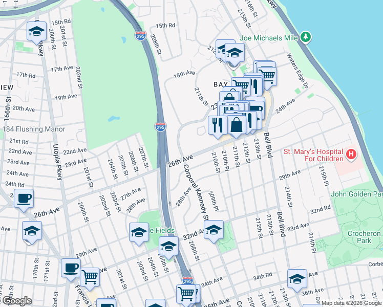 map of restaurants, bars, coffee shops, grocery stores, and more near 209-33 26th Avenue in Queens