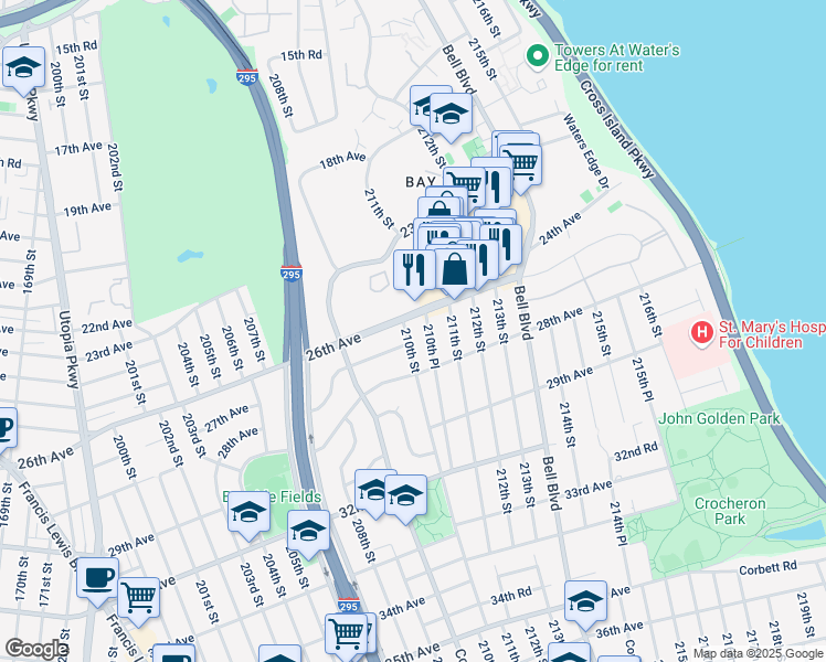 map of restaurants, bars, coffee shops, grocery stores, and more near 210-19 26th Avenue in Queens