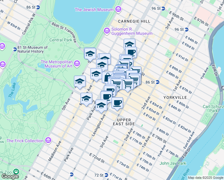 map of restaurants, bars, coffee shops, grocery stores, and more near 120 East 82nd Street in New York