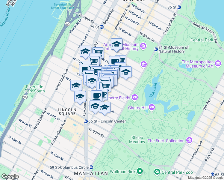 map of restaurants, bars, coffee shops, grocery stores, and more near 50 West 72nd Street in New York