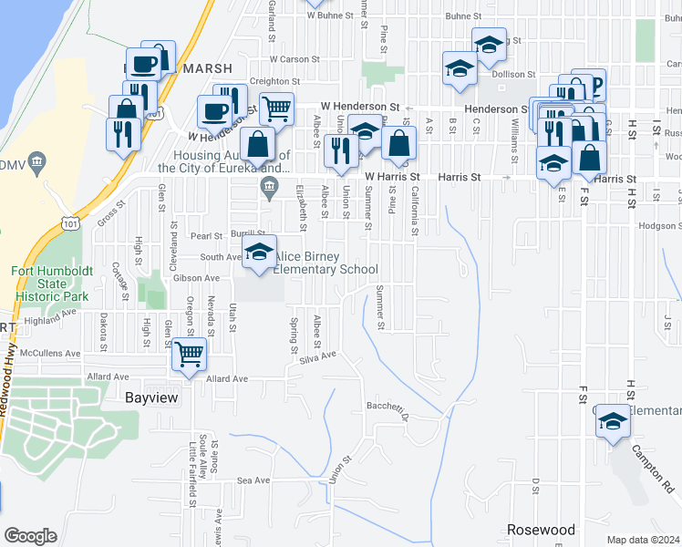 map of restaurants, bars, coffee shops, grocery stores, and more near 3418 Union Street in Eureka