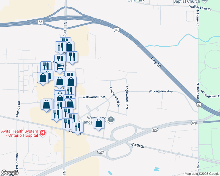 map of restaurants, bars, coffee shops, grocery stores, and more near 42 Lexington Ontario Road in Ontario