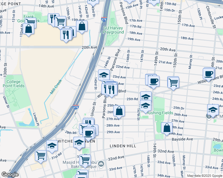 map of restaurants, bars, coffee shops, grocery stores, and more near 24-05 Parsons Boulevard in Queens