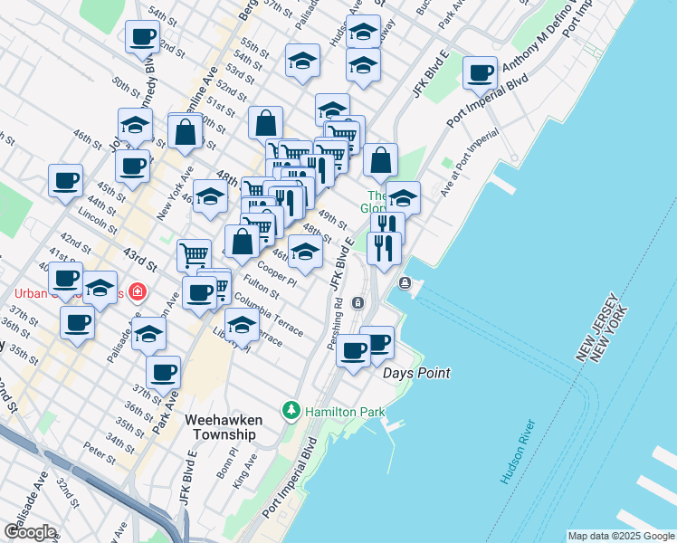 map of restaurants, bars, coffee shops, grocery stores, and more near 965 J F Kennedy Boulevard East in Weehawken
