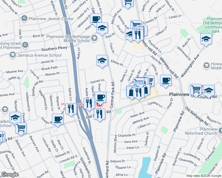 map of restaurants, bars, coffee shops, grocery stores, and more near 16 Garnet Lane in Plainview